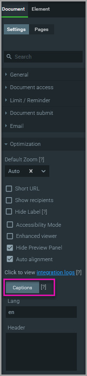 Titan Sign Optimizations settings showing the Captions button