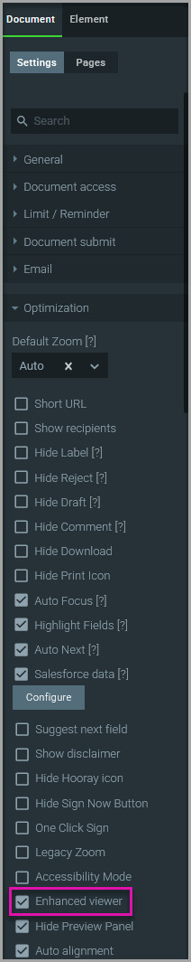 Titan Sign Optimizations settings showing the Enhanced viewer checkbox
Titan uses the enhanced viewer when displaying the document to the signer.