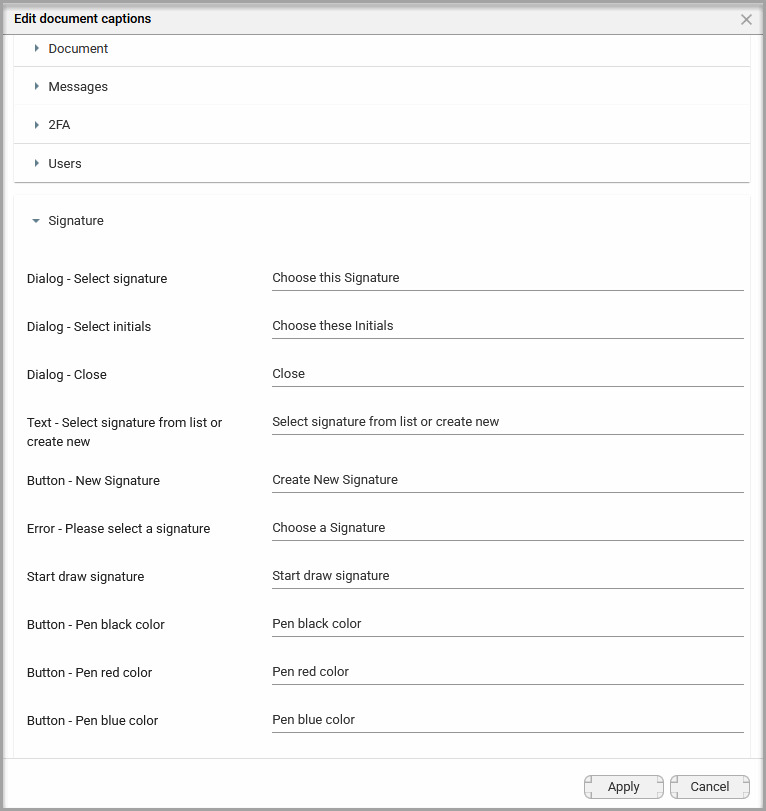 Signature section of the Edit Document Captions screen showing editable signature captions