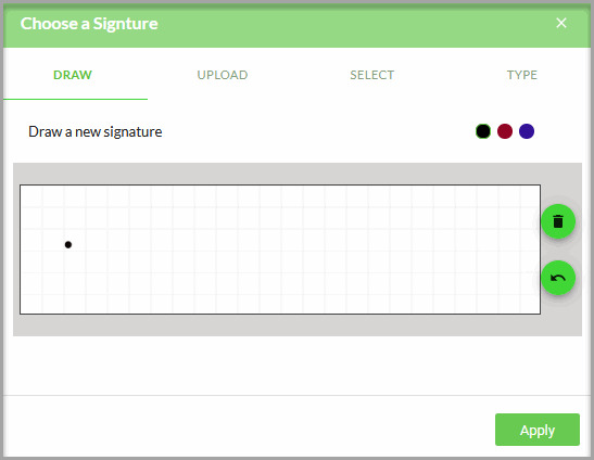Select Signature screen showing captions that can be customized in the project settings