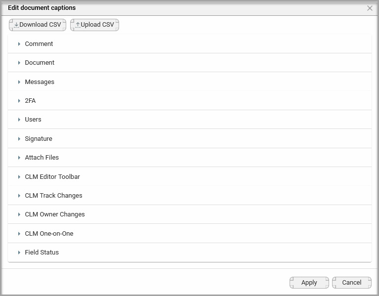 Edit Document Captions screen showing categories for document interface captions
