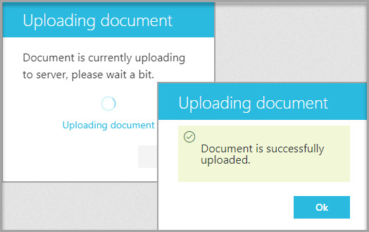 Uploading document window showing the upload in progress followed by a successful upload confirmation