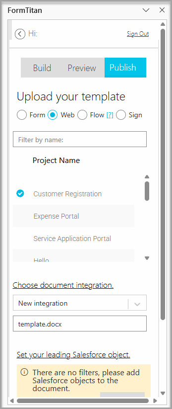 Titan Word Add-in Publish tab showing the Customer Registration web project, a new integration, and the template.docx file name