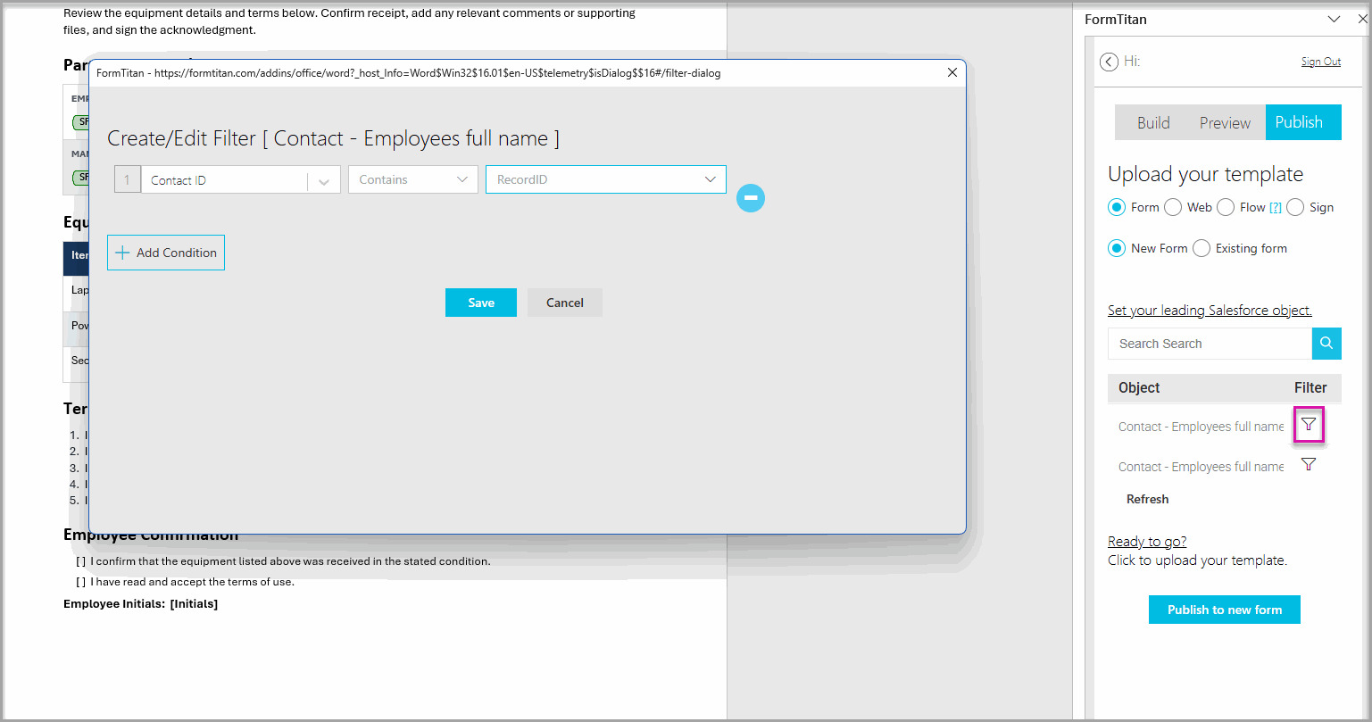 Create/Edit Filter window showing Contact ID, Contains, and RecordID selected as the filter condition