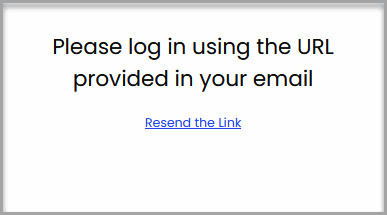 Verification page instructing the user to log in through the URL provided by email, with an option to resend the link.