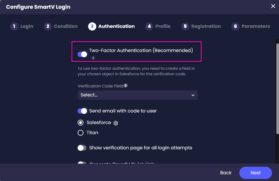 Turn on the recommended Two-Factor Authentication option in the SmartV Authentication settings.