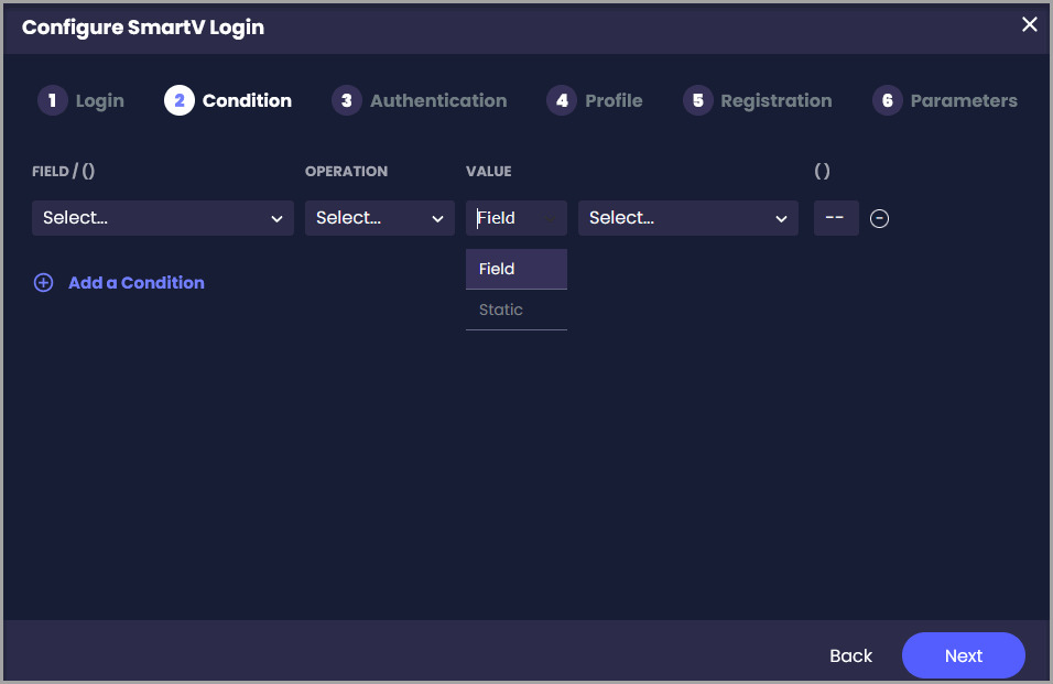 SmartV Conditions screen with the Value drop-down list showing the Field and Static options.