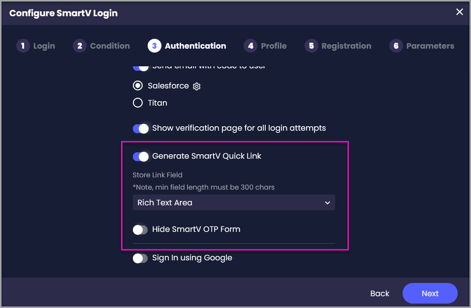 Enable the SmartV Quick Link, select a Salesforce field for the URL, and configure the Hide SmartV OTP Form option.