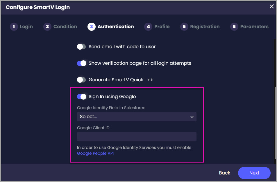 Google sign-in settings showing the Salesforce identity field and Google Client ID options.