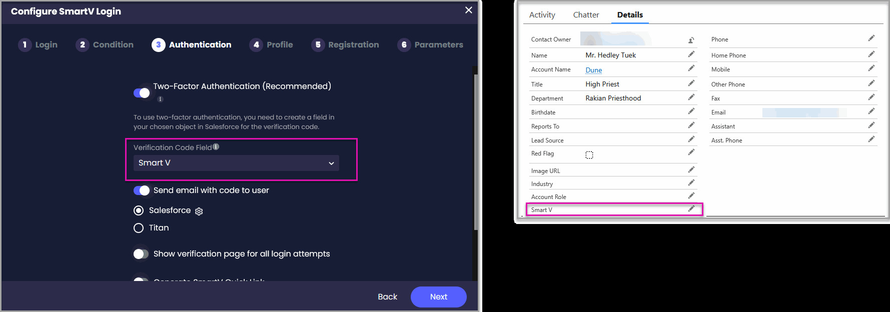 Select a verification code field in the SmartV wizard and view the corresponding field on a Salesforce contact record.