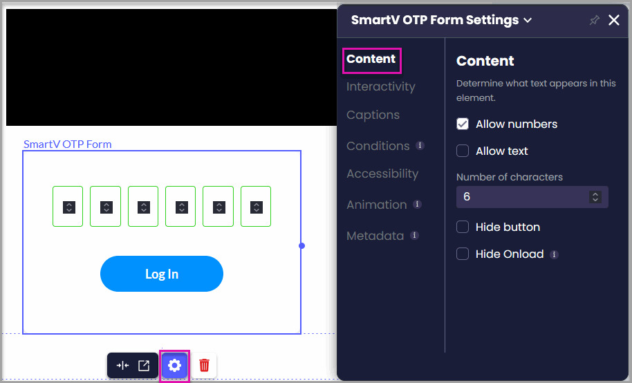 SmartV OTP Form Content settings with numbers allowed and the number of characters set to six.