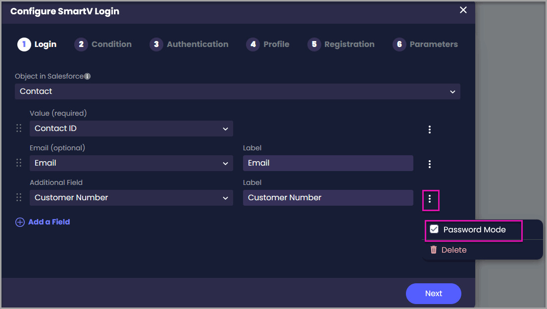 Additional Customer Number field menu with Password Mode enabled on the Configure SmartV Login screen.