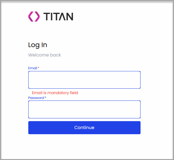 Titan login page with a blank Customer Number field, a mandatory-field validation message, and an Invalid login message.