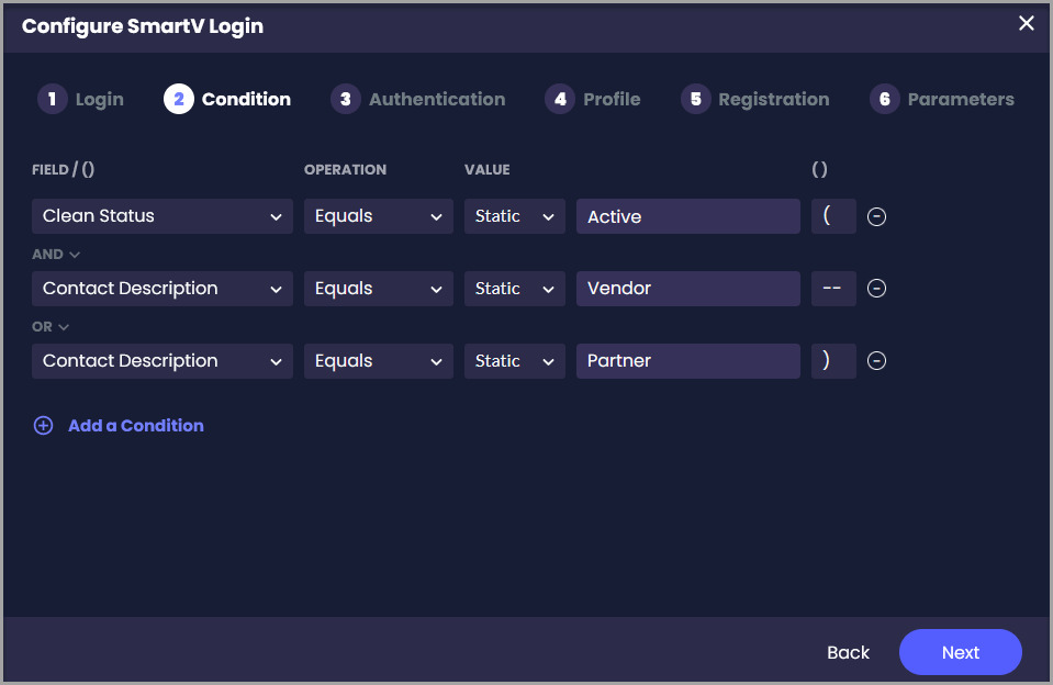 SmartV Conditions screen showing a Salesforce login condition and the option to add another condition.