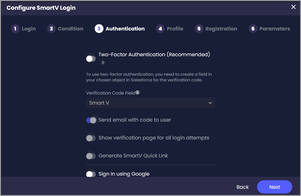 SmartV Authentication step showing options for two-factor authentication, email verification, the verification page, Quick Link, and Google sign-in