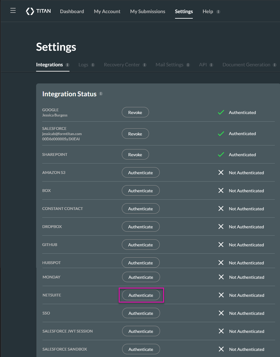 Titan Settings page showing the Integrations tab with the NetSuite Authenticate button highlighted.