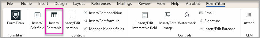 Microsoft Word FormTitan tab with the Insert/Edit Table option highlighted. 