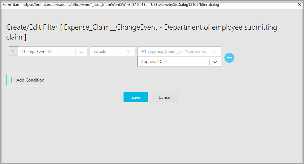 Create/Edit Filter window with Change Event ID selected as the filter field and Equals selected as the operation.