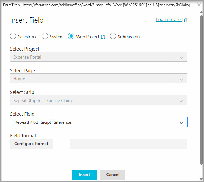 Insert Field window with Web Project selected and the Receipt Reference field chosen from the Expense Claims repeat strip. 