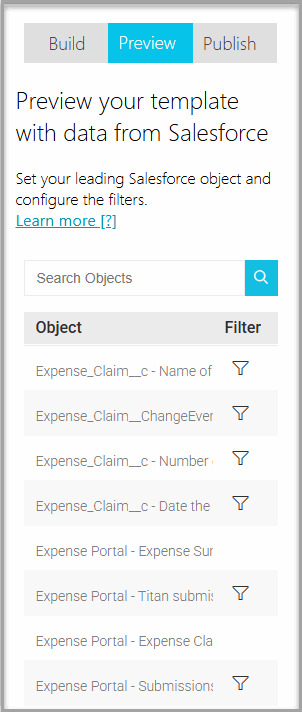 Preview tab listing template data sources with filter icons beside the Salesforce and Titan Submissions entries. 