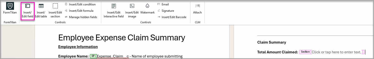 Word template with a section selected and the Insert/Edit Field option highlighted on the FormTitan tab. 