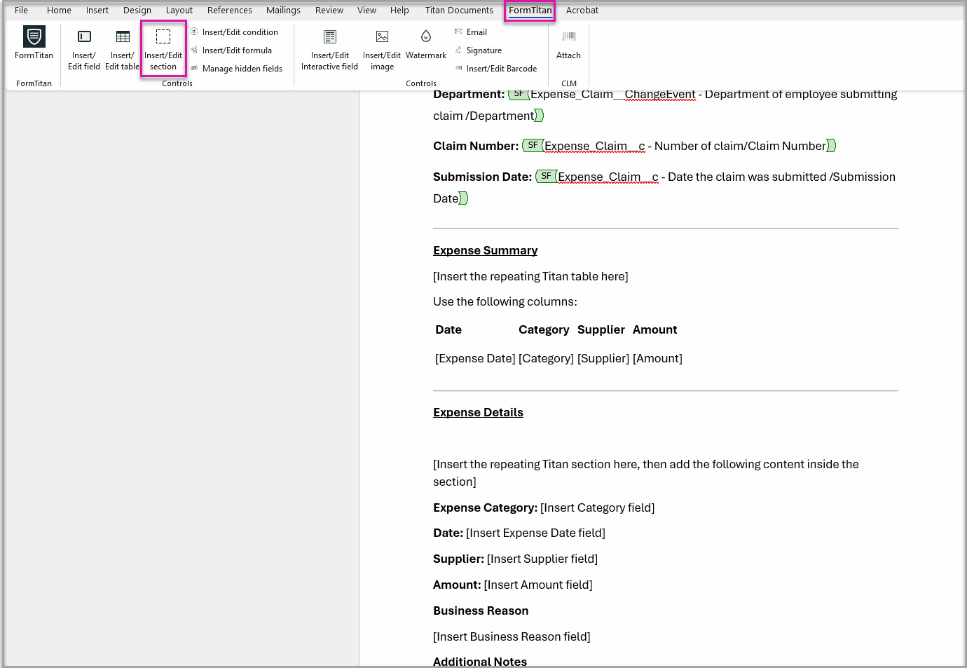Microsoft Word FormTitan tab with the Insert/Edit Section option highlighted. 
