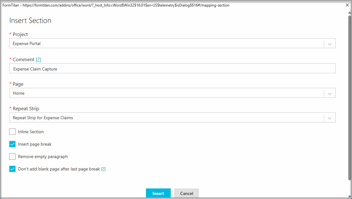 Insert Section window configured with the Expense Portal project, Home page, and Expense Claims repeat strip. 