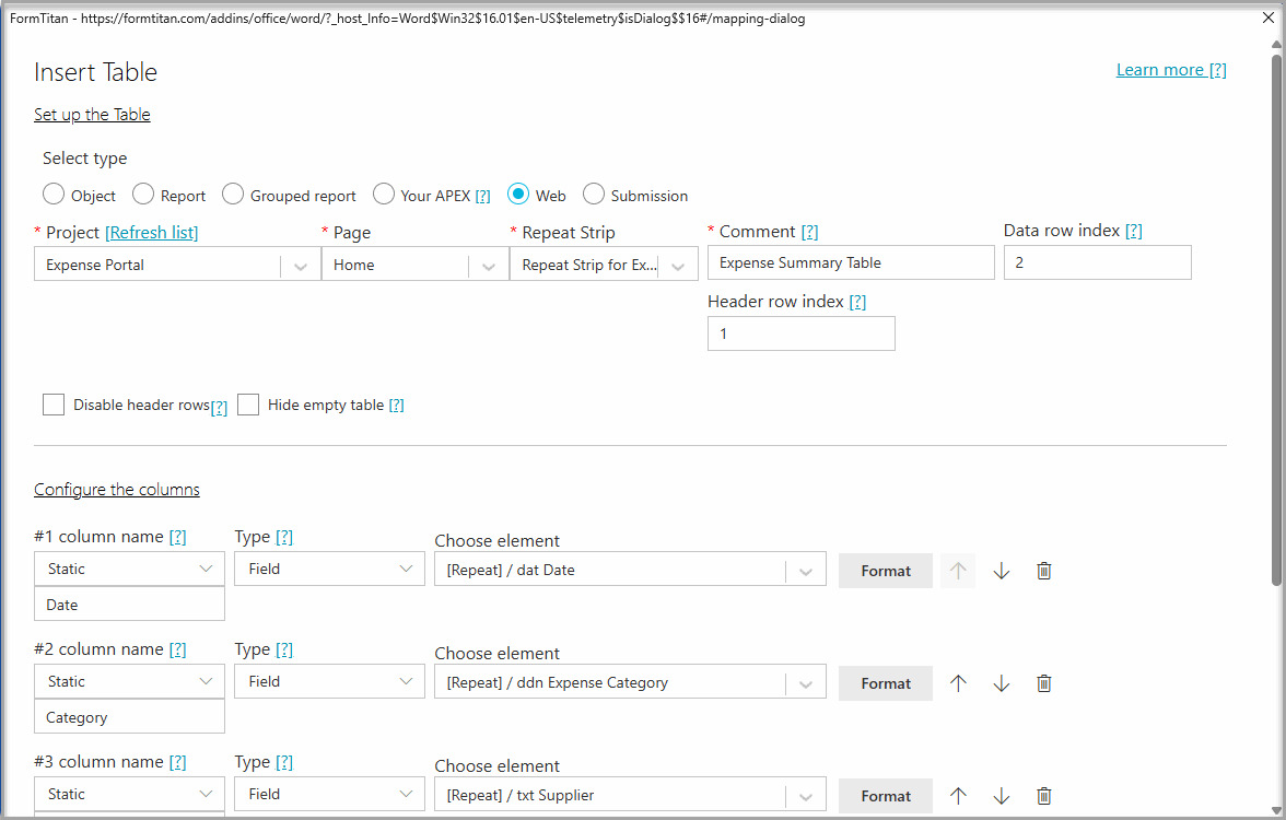 Insert Table window configured with the Expense Portal project, Expense Claims repeat strip, row indexes, and mapped columns.  