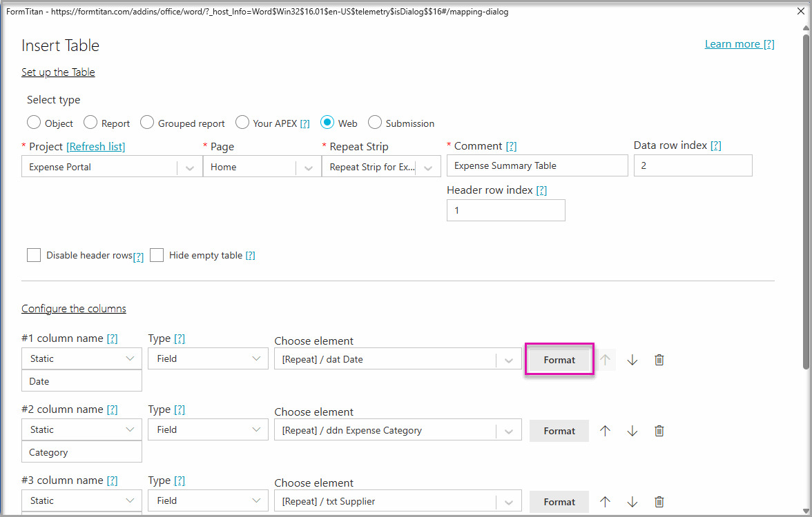 Insert Table window with the Format button highlighted beside the mapped Date column. 