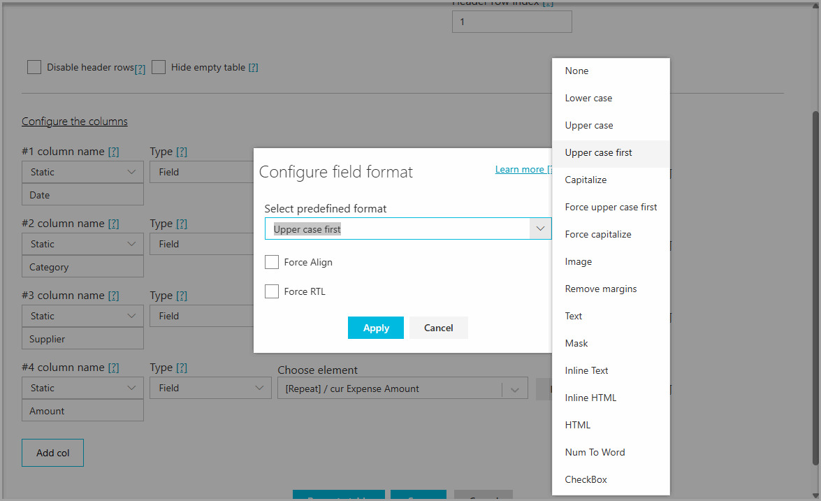 Configure Field Format window with a list of predefined text formatting options open. 