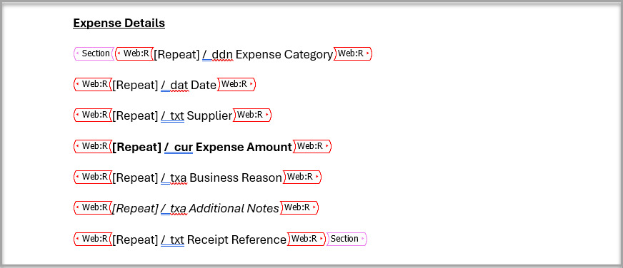 Repeating Word section containing mapped expense category, date, supplier, amount, business reason, notes, and receipt fields. 