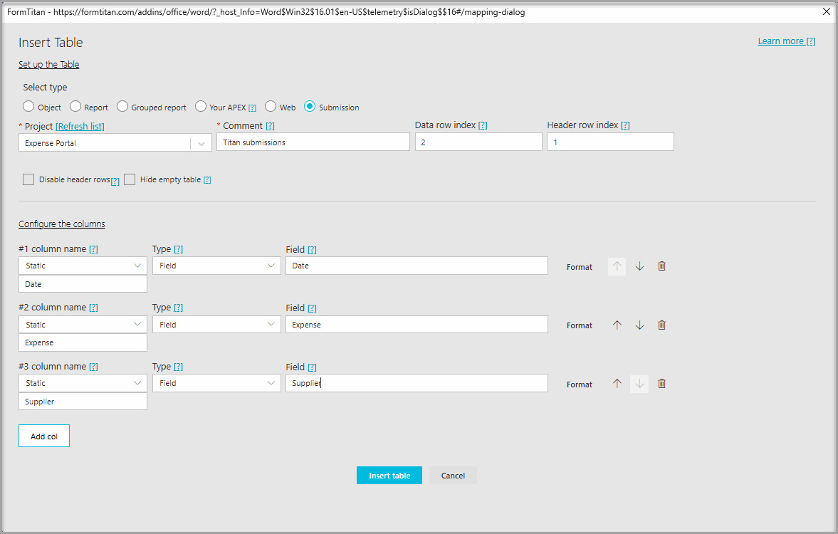 Insert Table window with Submission selected and Date, Expense, and Supplier fields mapped to three table columns
