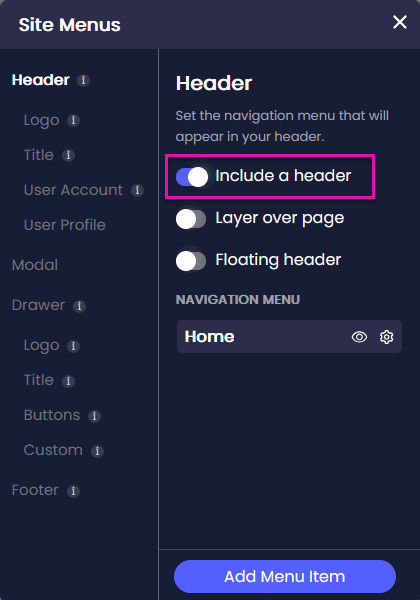 Titan Web Site Menus window showing the Include a header toggle enabled under the Header settings.