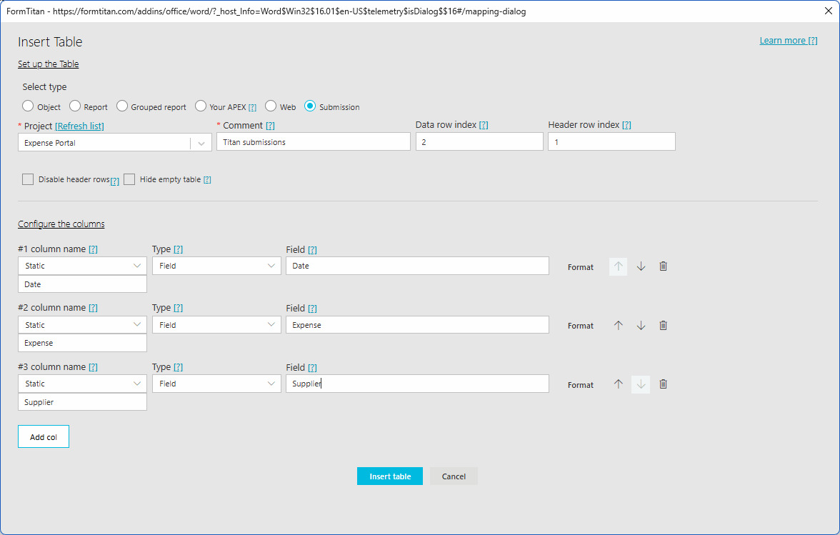 Insert Table window with Submission selected and Date, Expense, and Supplier fields mapped to three table columns. 