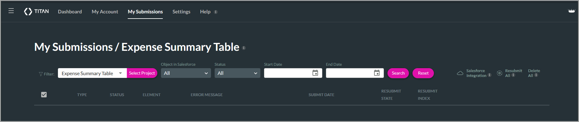 Titan My Submissions page for the Expense Summary Table project with search filters and submission columns displayed. 