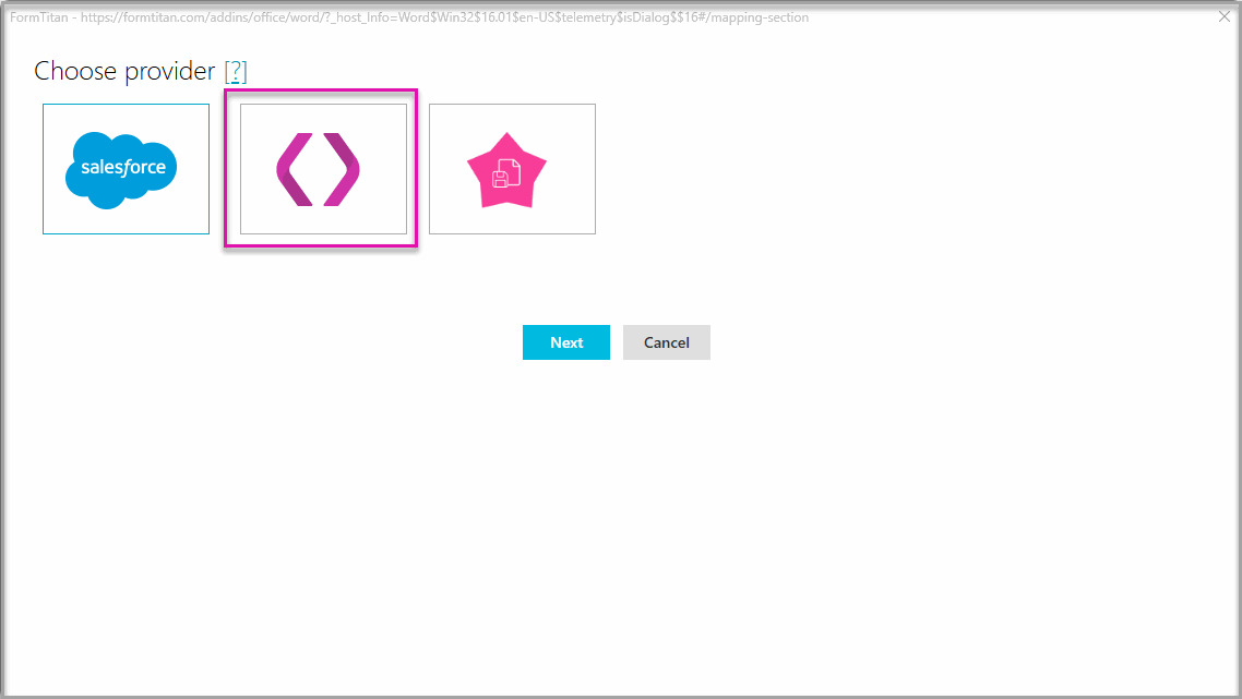 Choose Provider window with the Titan Web provider highlighted. 