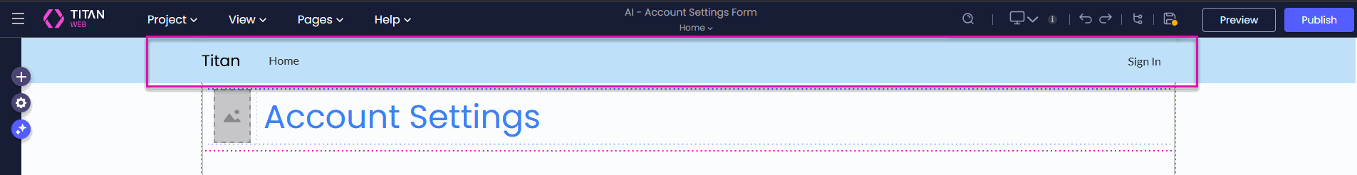 Titan Web visual builder showing a project header with the Titan title, Home link, and Sign In option.