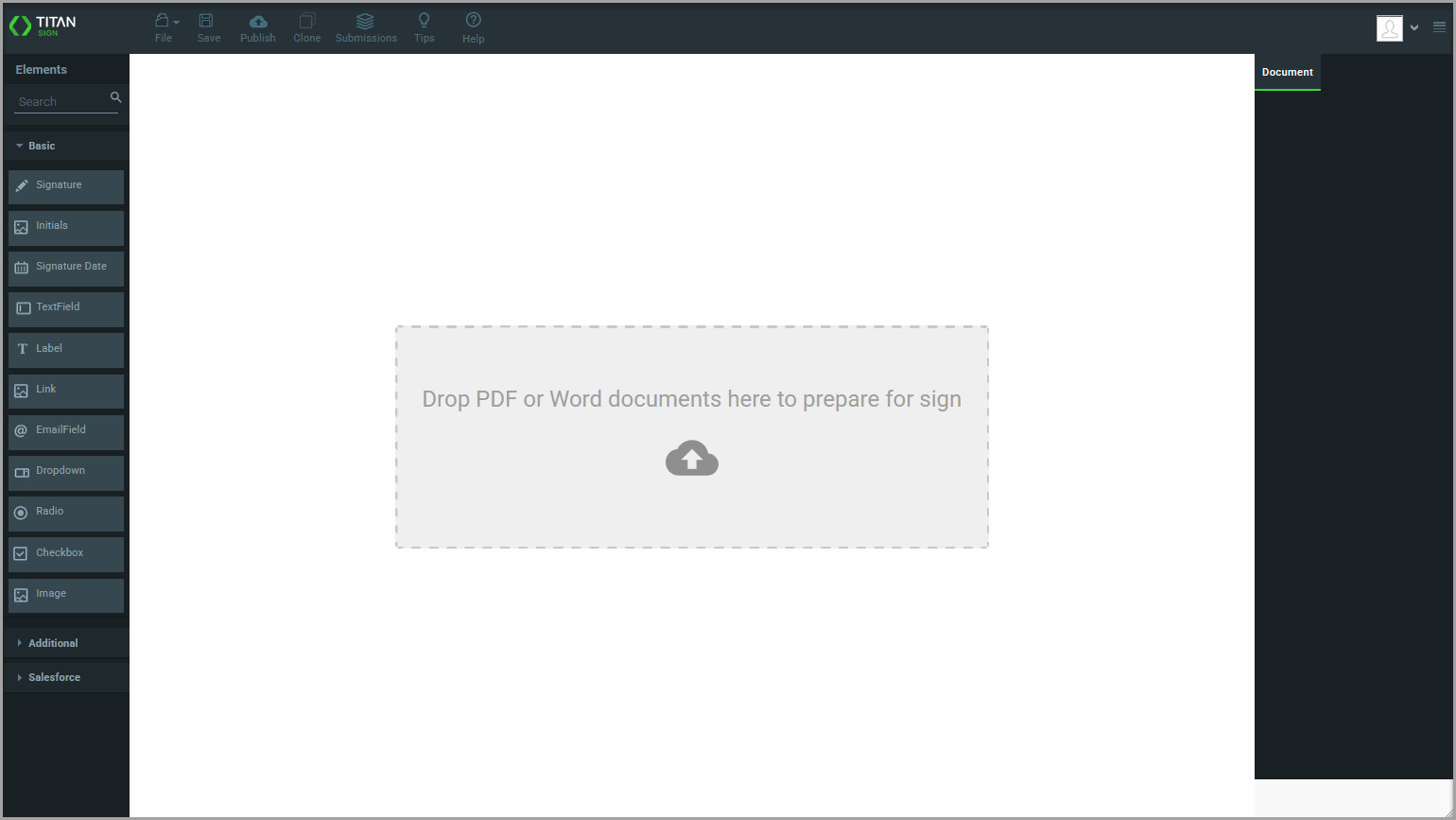 Sign project showing the area used to upload a dynamic Word template