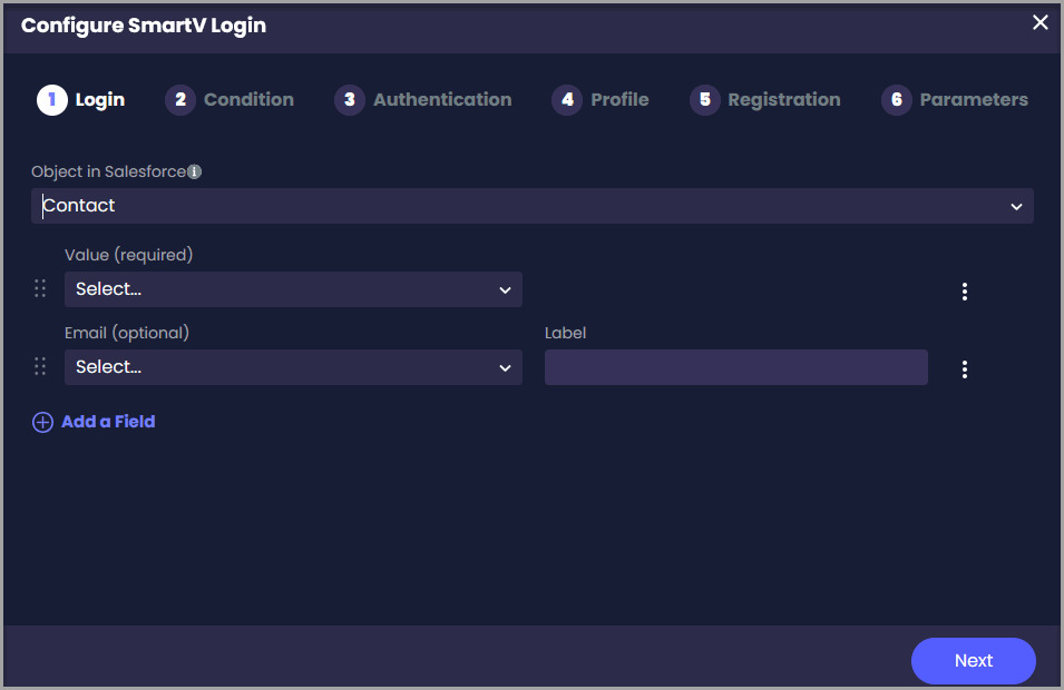 Configure SmartV Login screen with Contact selected from the Object in Salesforce drop-down list.