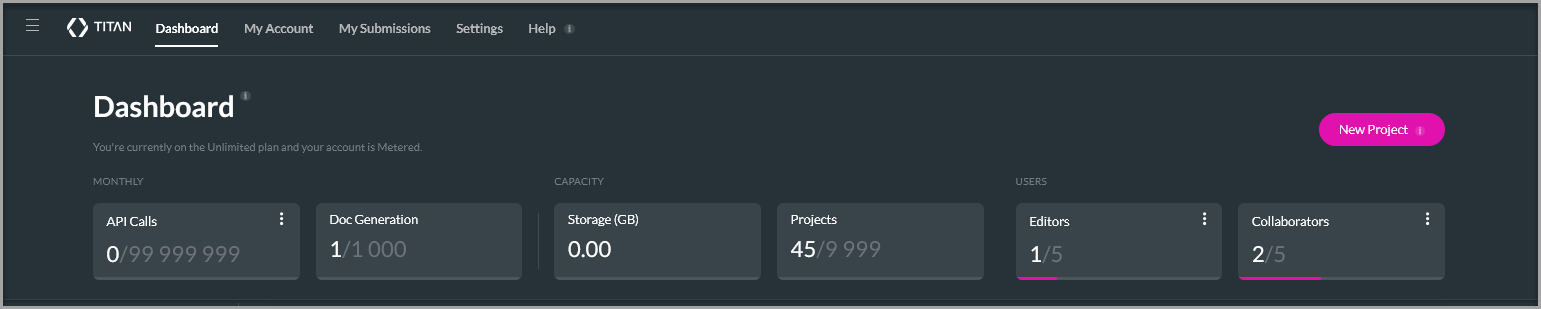 Titan Dashboard showing the New Project button