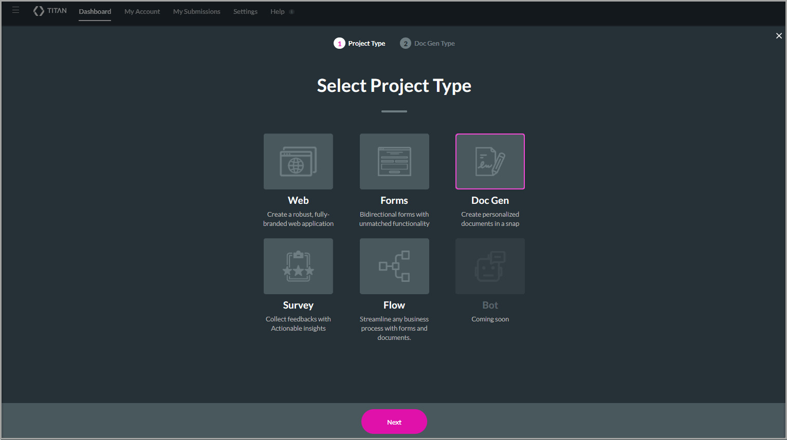 Select Project Type screen showing the Doc Gen option