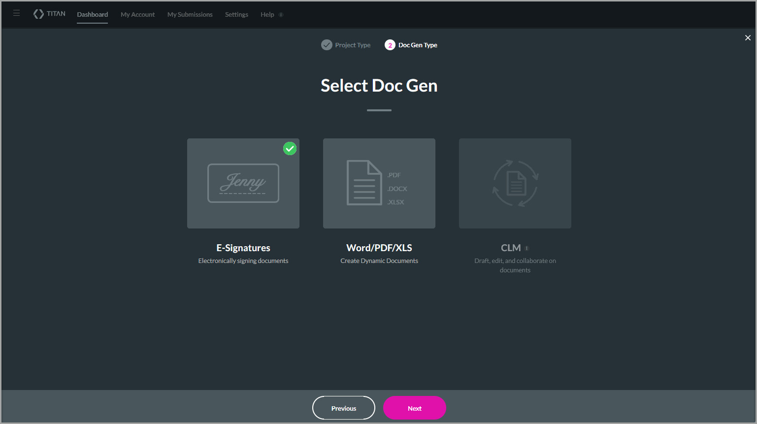 Select Doc Gen Type screen showing the E-Signature option