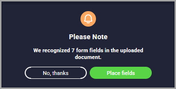 Message showing that fillable fields were detected with a Place Fields button