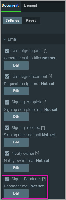 Titan Sign Email settings showing the enabled Signer Reminder option and Edit button