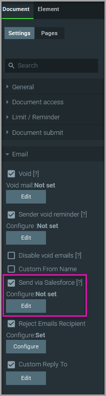 Titan Sign Email settings showing the enabled Send via Salesforce option and Edit button