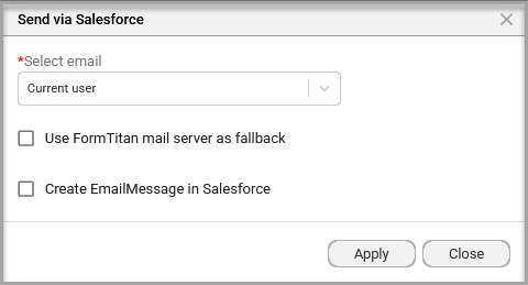 Send via Salesforce screen showing the sender selection, FormTitan fallback, and Create EmailMessage options
