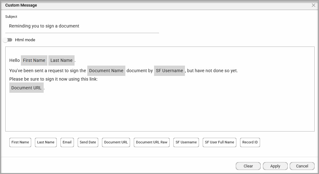 Custom Message screen for editing the signer reminder email subject and body