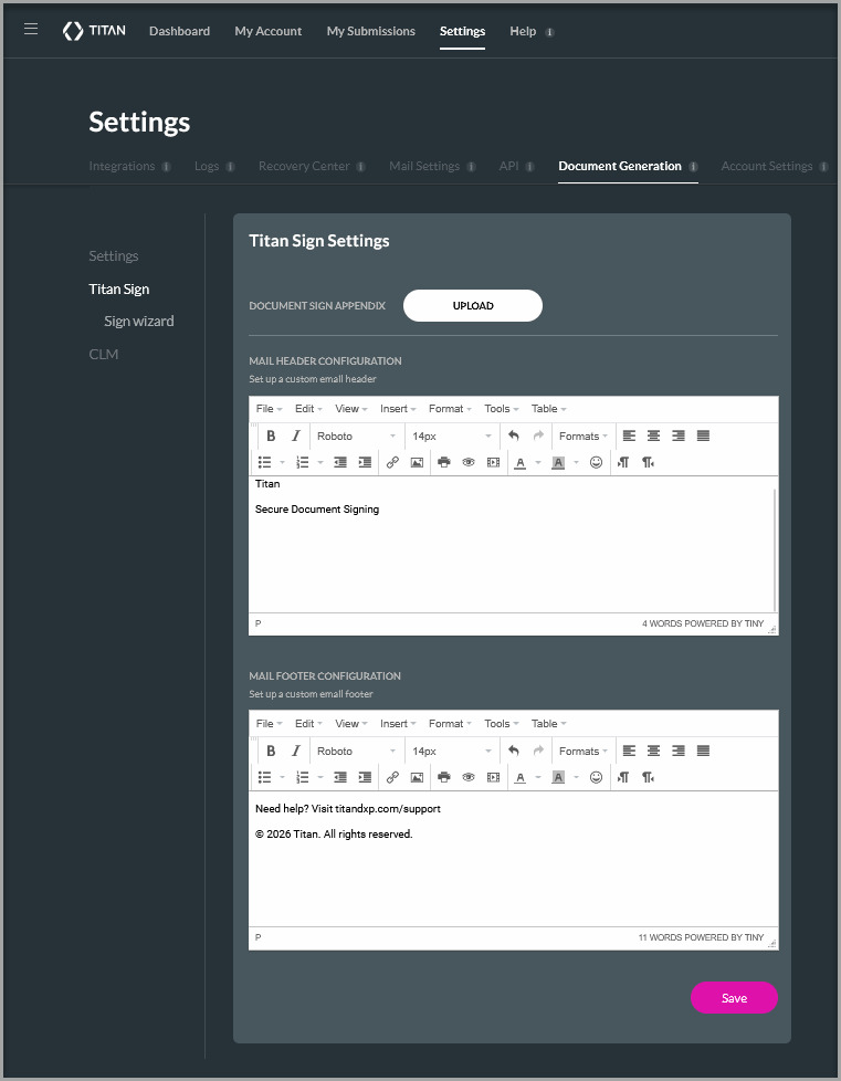 Titan Sign settings showing Rich Text Editors for configuring the default email header and footer
The header and footer are applied to emails across your Titan Sign projects.