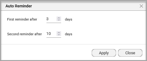 Auto Reminder screen with the first reminder set for 3 days and the second reminder set for 10 days