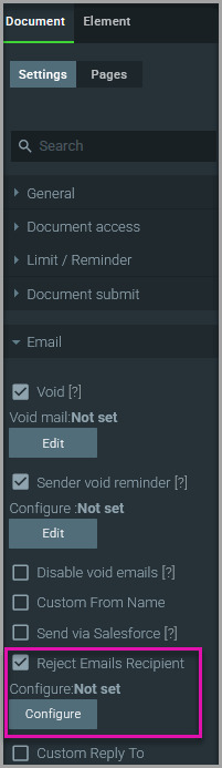 Reject Email Recipient setting showing the Configure button and Not set status